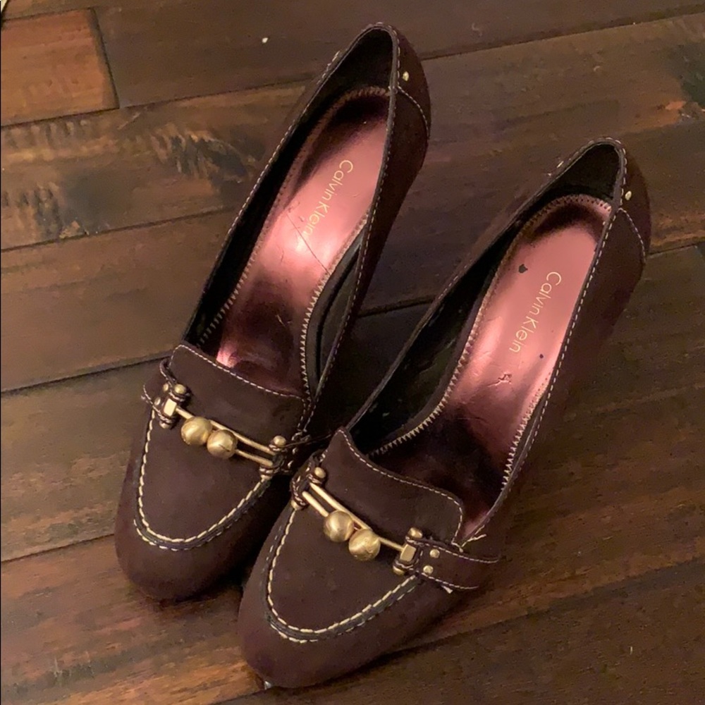 Calvin Klein Brown Suede and Gold Cammy Heels